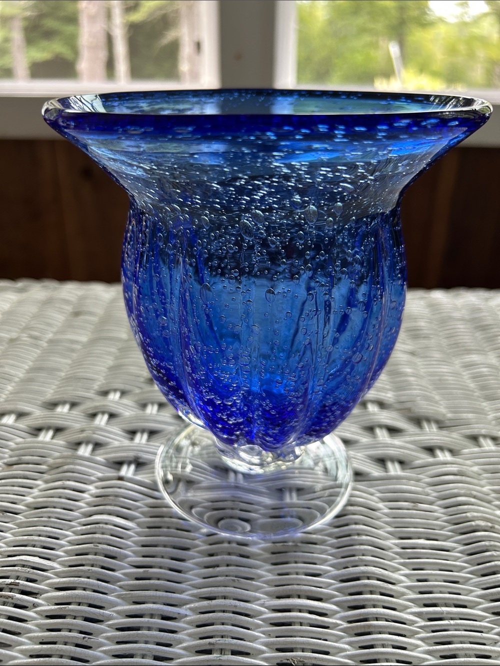 Source Unknown Cobalt Blue Handblown Bubble Glass Vase
